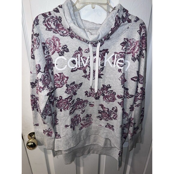 Calvin Klein Sweatshirt Womens XL Gray Cowl Neck Logo Floral AOP Roses - Picture 8 of 8